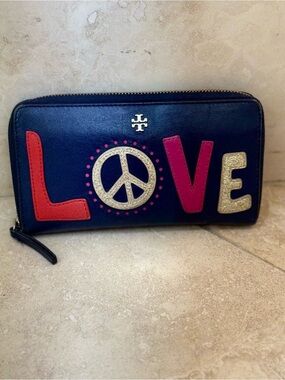 Tory Burch Retro Peace Love Leather Continental Long Zip Wallet Navy